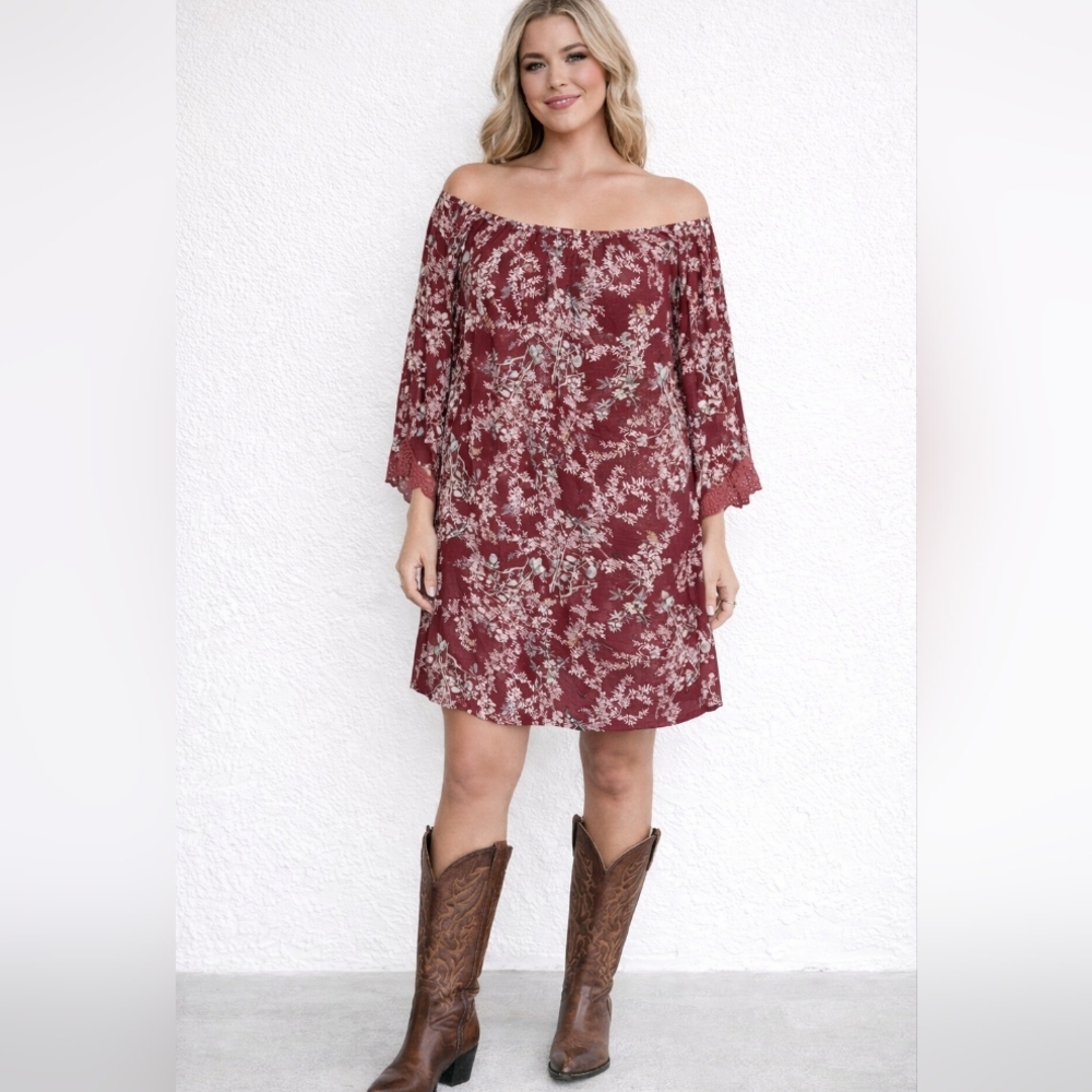 VOOM by Joy Han Boho Floral Dress Puff Bishop Sleeves High-Low Lace Cuffs L
